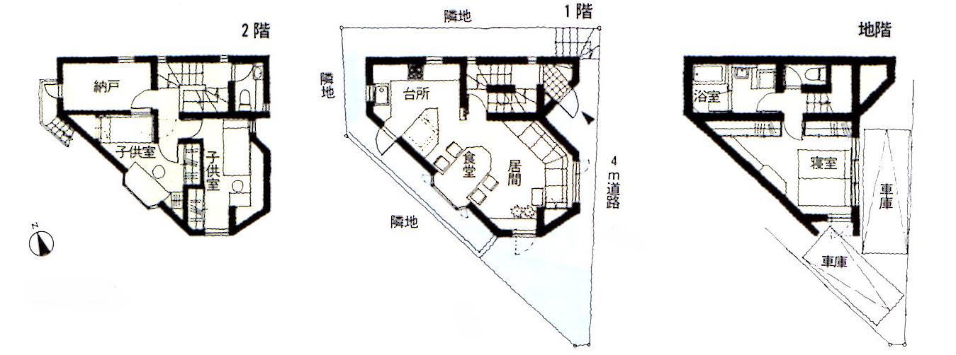 住宅設計事務所　建築家の設計する　狭小　変形　傾斜の敷地に建つ住宅平面図　神奈川県